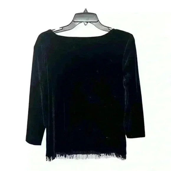 Vintage Clio Black Velvet Beaded Fringe Top, M - Picture 4 of 5